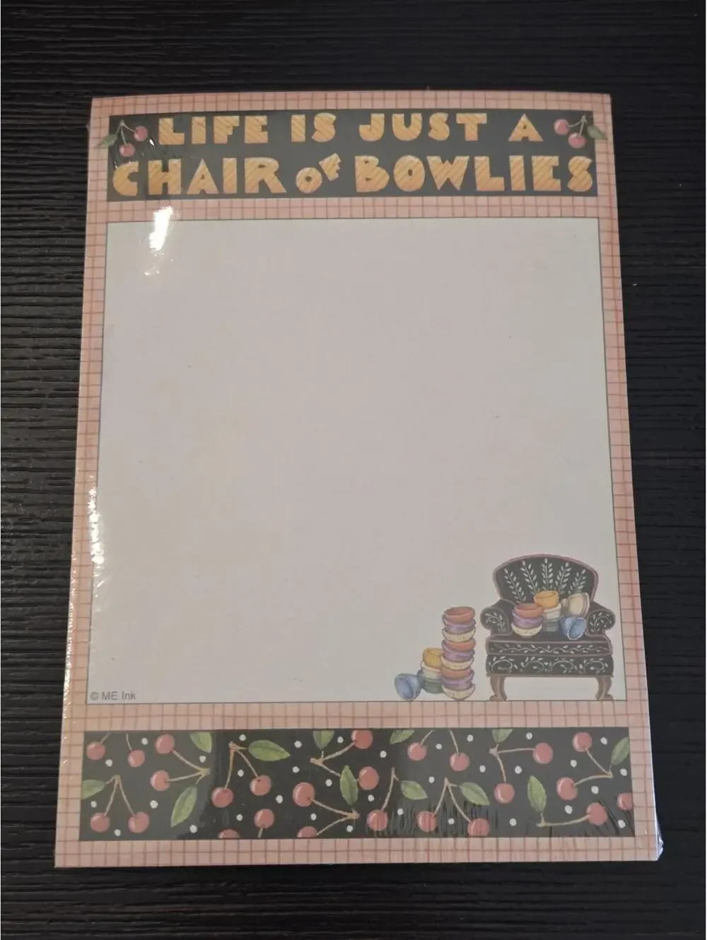 2003 Mary Engelbreit Chair Of Bowlies Note Pad Cherry Sewing Factory Sealed